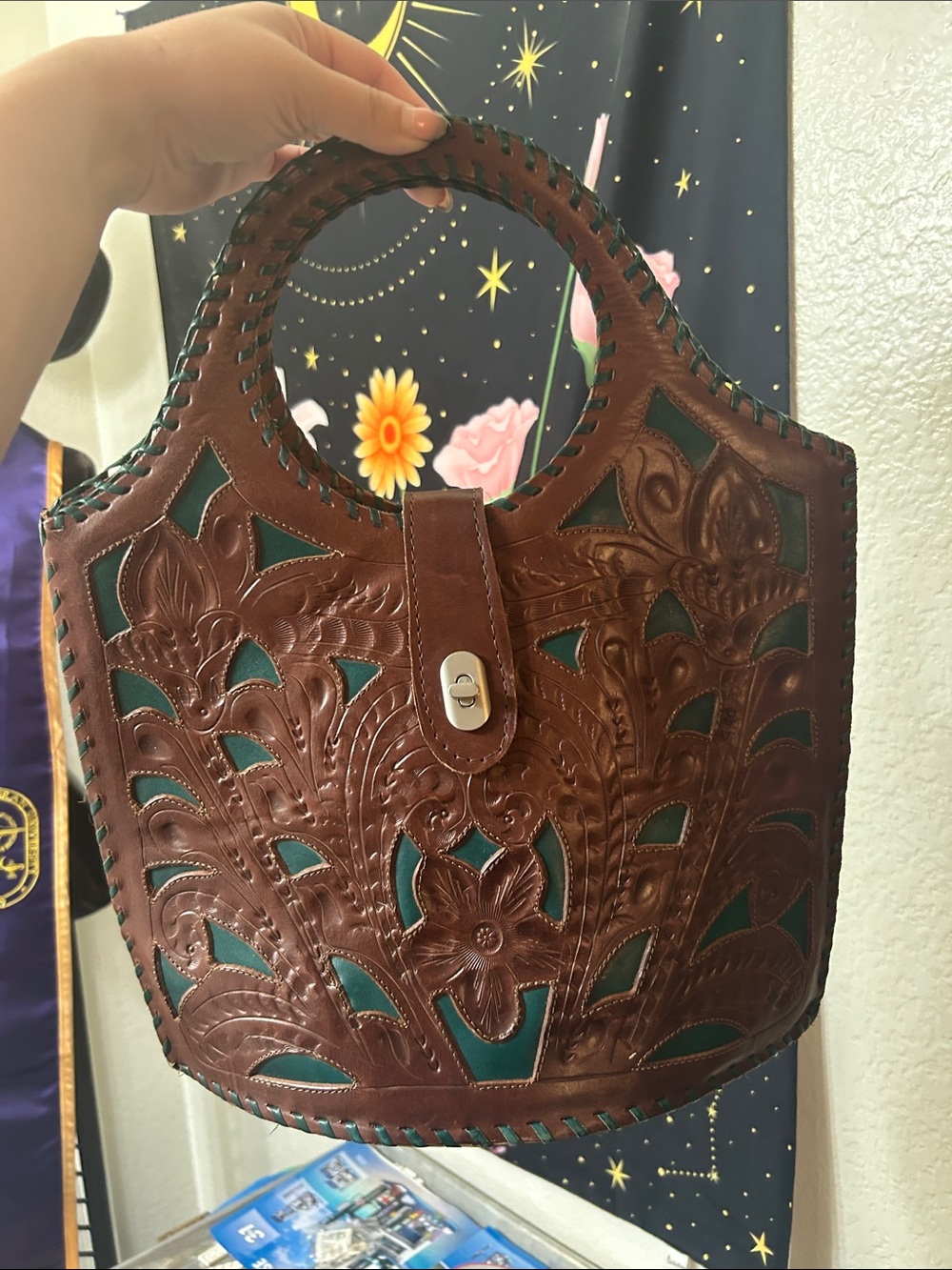 Leaders in leather Women's Brown Tooled Leather Tote Bag with Teal Inlay